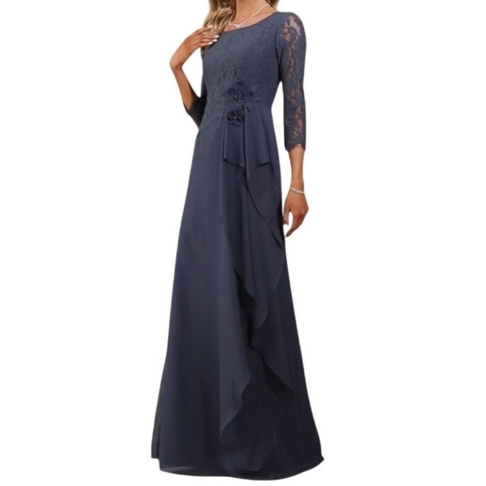 JJs House Evening Dress 8 Stormy Blue 3D Floral Cascading Ruffles Wedding 271457